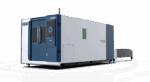 The דגם 3015H 1500-12000 is a large industrial laser cutting machine featuring blue and white panels, a glass-fronted door, touchscreen display, and an attached conveyor, shown against a plain white background.