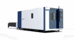 The דגם 3015H 1500-12000 is a large, modern industrial laser cutting machine featuring a white and dark blue exterior, glass doors, and a digital control panel, shown on a plain white background.