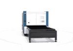 The דגם 3015H 1500-12000 is a large industrial laser cutting machine featuring a blue and white control unit and a black flat cutting bed, shown from the front on a plain white background.