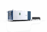 The דגם 3015H 1500-12000 is a large industrial laser cutting machine with a blue and white enclosure and an extended flat metal bed for material loading, shown against a plain white background.