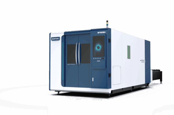 The דגם 3015H 1500-12000 is a large, modern industrial machine featuring blue and white panels, glass doors, a digital control screen, and indicator lights, shown against a plain white background.