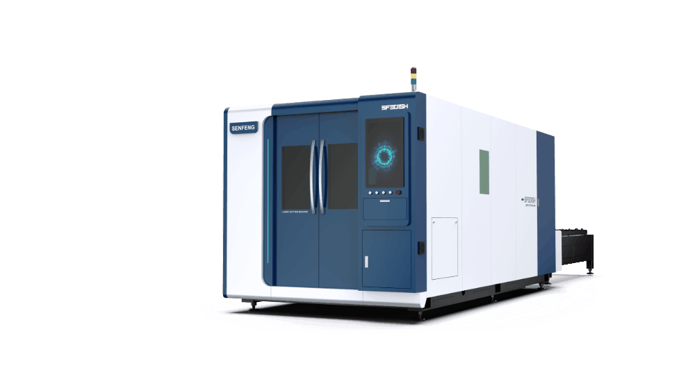 The דגם 3015H 1500-12000 is a large, modern industrial machine featuring blue and white panels, glass doors, a digital control screen, and indicator lights, shown against a plain white background. The דגם 3015H 1500-12000 is a large, modern industrial machine featuring blue and white panels, glass doors, a digital control screen, and indicator lights, shown against a plain white background.