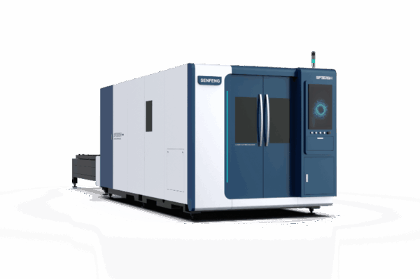 The דגם 3015H 1500-12000 is a large, rectangular industrial laser cutting machine with white and blue panels, a front right control screen, and Senfeng branding, shown against a plain white background.