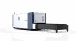 The דגם 3015H 1500-12000 is a large industrial laser cutting machine featuring a white and blue enclosed unit and a black flatbed platform, displayed against a plain white background.