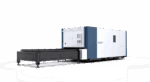 The דגם 3015H 1500-12000 is a large industrial laser cutting machine with a white and blue exterior and an extended black cutting bed, shown against a plain white background.