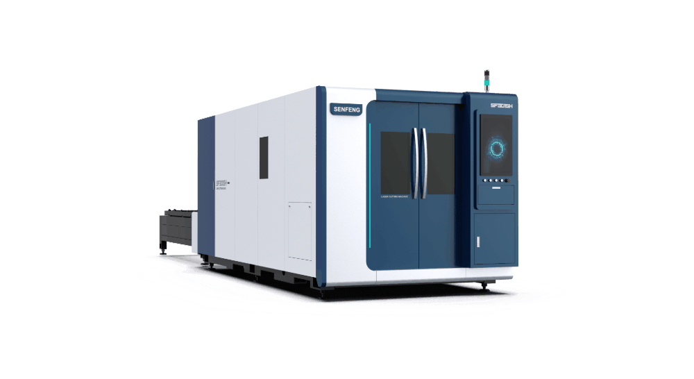 The דגם 3015H 1500-12000 is a large, rectangular industrial laser cutting machine with white and blue panels, a front right control screen, and Senfeng branding, shown against a plain white background. The דגם 3015H 1500-12000 is a large, rectangular industrial laser cutting machine with white and blue panels, a front right control screen, and Senfeng branding, shown against a plain white background.