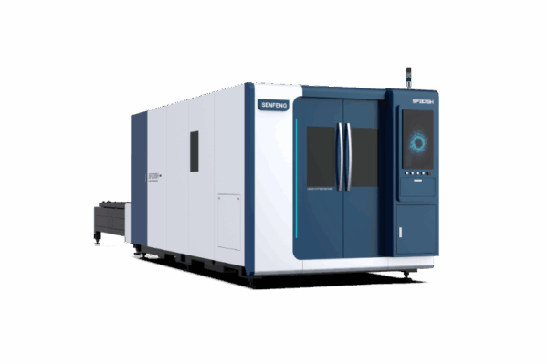 The דגם 3015H 1500-12000 is a large, modern industrial machine with a white and blue exterior, labeled SENFENG, featuring double doors and a digital display panel on the front, set against a plain white background.