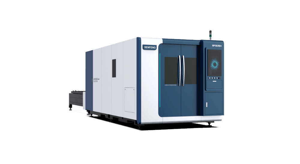 The דגם 3015H 1500-12000 is a large, modern industrial machine with a white and blue exterior, labeled SENFENG, featuring double doors and a digital display panel on the front, set against a plain white background.