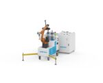 The דגם SFMR02 is a robotic arm welding machine with a white and blue SENFENG control unit, safety barriers, and an attached white equipment box, all set against a plain white background.