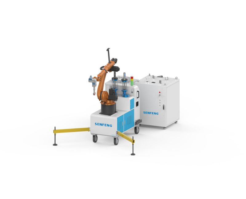 The דגם SFMR02 is a robotic arm welding machine with a white and blue SENFENG control unit, safety barriers, and an attached white equipment box, all set against a plain white background. The דגם SFMR02 is a robotic arm welding machine with a white and blue SENFENG control unit, safety barriers, and an attached white equipment box, all set against a plain white background.