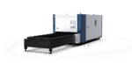 The דגם 3015H 1500-12000 is a large industrial laser cutting machine featuring a rectangular cutting bed and a blue and white enclosed unit with electronic controls, shown against a plain white background.