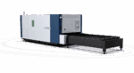 The דגם 3015H 1500-12000 is a large industrial laser cutting machine featuring a rectangular design, white and blue panels, and an open black cutting bed extending from the front.