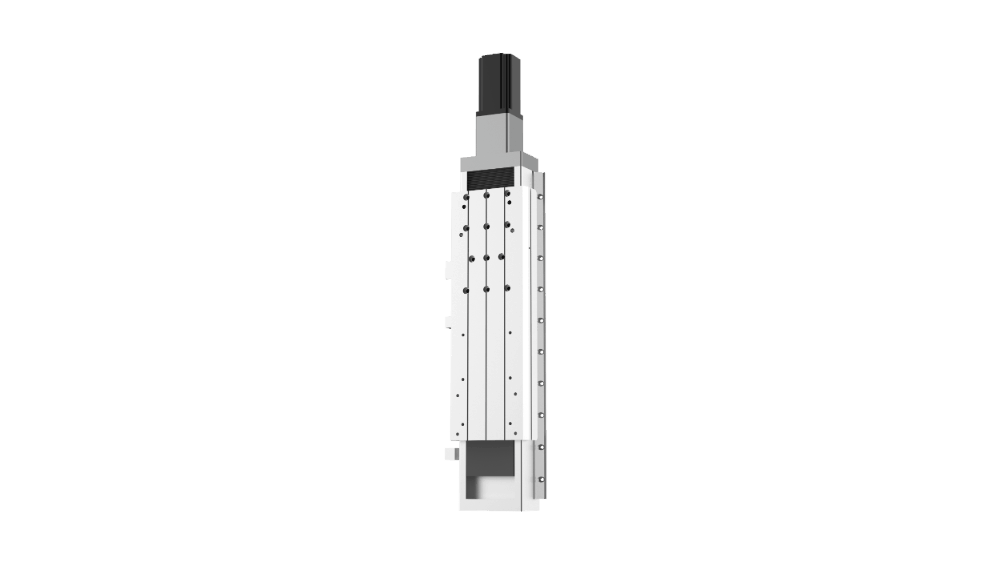 The דגם 3015H 1500-12000 is a vertical linear actuator with a rectangular metallic body, multiple screws along its length, and a black motor on top, designed for precise mechanical movement.