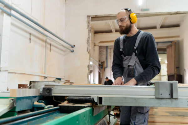 A man wearing safety goggles, ear protection, and overalls operates a table saw in a woodworking shop, focusing on cutting a piece of wood. The workshop is bright and organized, with various tools visible.