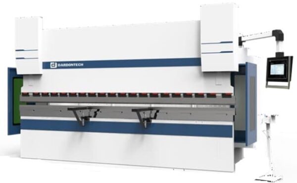 A large, industrial CNC press brake machine with a white and blue exterior, digital control panel on the right, and the Dardontech logo on the front.