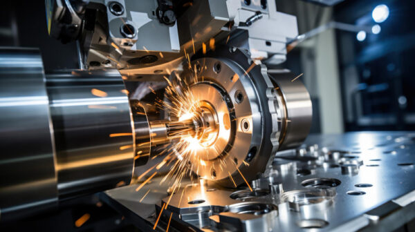 Close-up of a CNC machine cutting metal with bright sparks flying, showcasing advanced industrial manufacturing and precision engineering in a modern factory setting.