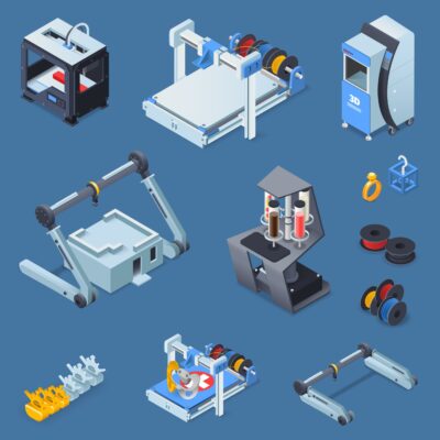Isometric illustration of various 3D printers, printing equipment, filament spools, printed objects, and related accessories on a blue background.