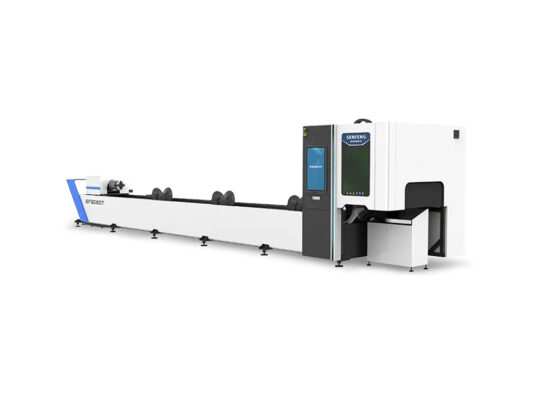 A large industrial laser cutting machine with a control panel, touch screen, and a long tube processing area, isolated on a white background.