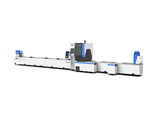 A long, industrial tube laser cutting machine with a sleek white and blue design, featuring control screens, enclosed cutting sections, and automated material feeders, set against a plain white background.