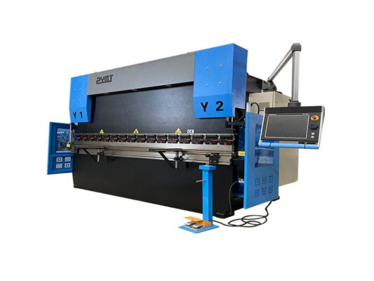 A large industrial press brake machine with blue side panels, a digital control screen on the right, and labeled sections Y1 and Y2. The machine is used for bending sheet metal.