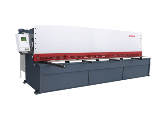 A large industrial sheet metal shear machine with a control panel on the left side, labeled DURMA, featuring a white and red upper section and a dark gray base.