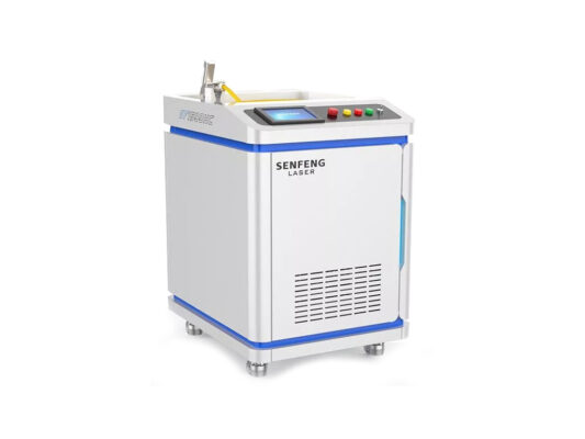 A white and blue industrial laser machine labeled SENFENG LASER, featuring control buttons, a display screen, and ventilation panels, standing on four metal feet against a white background.