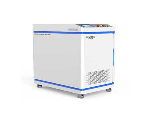 A white and blue industrial laser welding machine with control buttons and a display screen on top, mounted on four wheels for mobility.