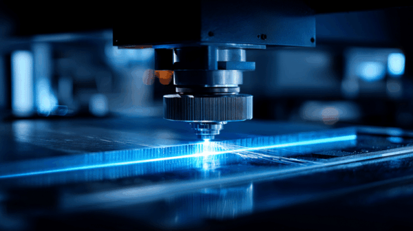 A close-up of a CNC laser cutting machine precisely cutting a sheet of metal, emitting a bright blue light in an advanced industrial setting.