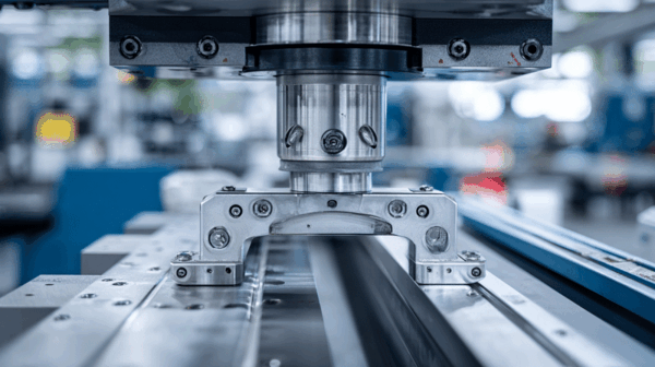 Close-up of a CNC machine tool head in a modern industrial workshop, focusing on the metal components and precise engineering details with a blurred background.