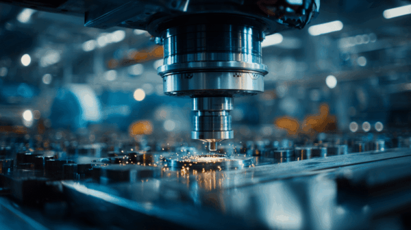 A close-up of a CNC machine in a factory, cutting metal as bright sparks fly, with a blurred industrial background illuminated by blue-toned lighting.