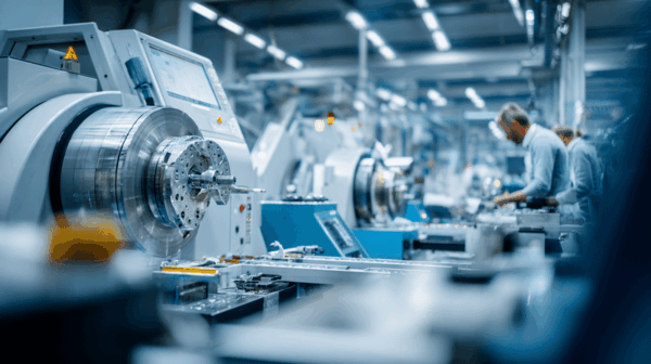 Several people work in a modern factory, operating advanced CNC machinery and metalworking equipment in a brightly lit, industrial setting. The focus is on a large piece of equipment in the foreground.