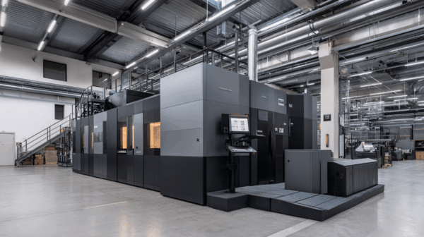 A large, modern industrial printing machine with multiple sections and a control station stands in a spacious, brightly lit factory with high ceilings and clean, polished floors.