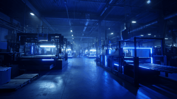 A dimly lit, modern factory floor with large automated machines glowing with blue lights, metal pipes overhead, and empty conveyor belts, creating a high-tech, industrial atmosphere.