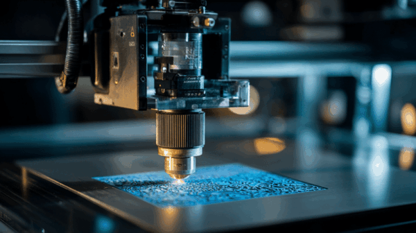 A close-up of a 3D printer nozzle or laser machine working on a blue patterned surface, creating intricate designs on a flat metallic plate in a high-tech setting.