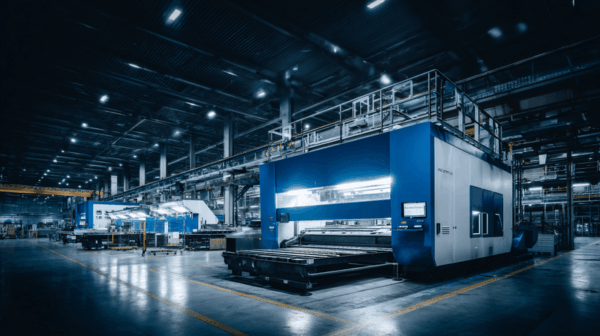 Large, modern factory interior with blue and white industrial machines, bright overhead lighting, and high ceilings. The machines are used for metal fabrication or manufacturing. The space is spacious and clean.
