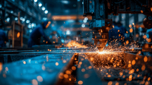 A close-up of a metal-cutting machine in a factory, producing bright orange sparks as it works, with workers and industrial equipment blurred in the background.