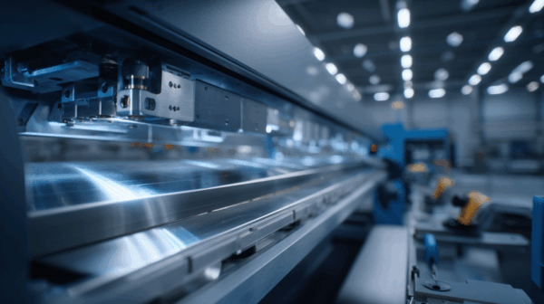A close-up view of modern, automated machinery operating in a brightly lit industrial factory, with shiny metal components and blurred background equipment.