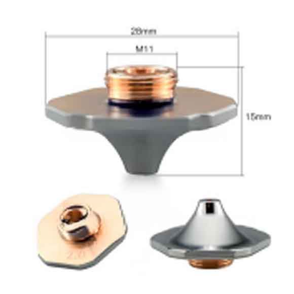 A metal component with a threaded copper top, hexagonal base, and conical support. Dimensions are shown: 28 mm wide, 16 mm tall, and M11 threading. Three views are displayed—top, side, and angled. A metal component with a threaded copper top, hexagonal base, and conical support. Dimensions are shown: 28 mm wide, 16 mm tall, and M11 threading. Three views are displayed—top, side, and angled.