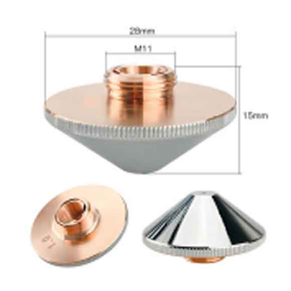 A metallic cone-shaped part with a threaded center (M11), measuring 28mm wide and 15mm high, shown from side and top views with dimensions labeled.