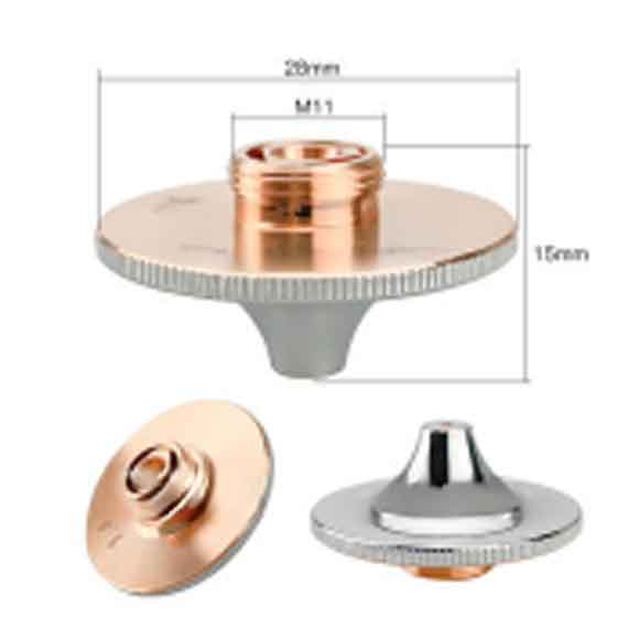 Three views of a metal adapter with measurements: 28mm wide, 15mm tall, threaded M11 opening on top, copper and silver finishes, with knurled edge for grip and a conical bottom.