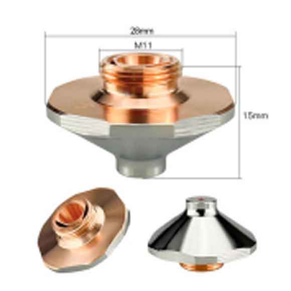 Three views of a metal nozzle with copper and silver tones. The nozzle is labeled with dimensions: 28 mm wide, 15 mm tall, and an M11 thread. The views include front, top, and angled perspectives. Three views of a metal nozzle with copper and silver tones. The nozzle is labeled with dimensions: 28 mm wide, 15 mm tall, and an M11 thread. The views include front, top, and angled perspectives.