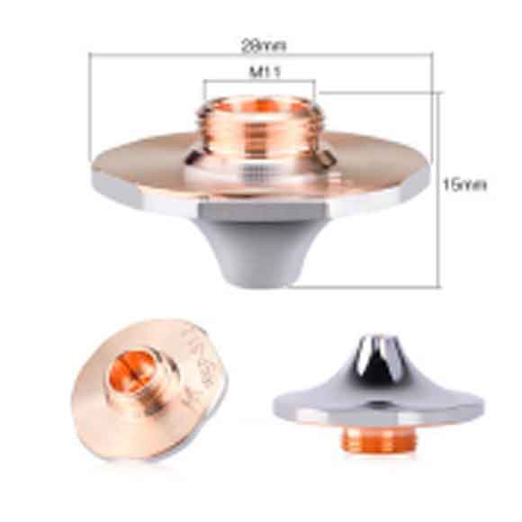A metal fitting with a copper threaded section, a flat disc, and a conical bottom. Includes side and top views, as well as dimensions: 28mm diameter, 15mm height, and M15 thread size. A metal fitting with a copper threaded section, a flat disc, and a conical bottom. Includes side and top views, as well as dimensions: 28mm diameter, 15mm height, and M15 thread size.