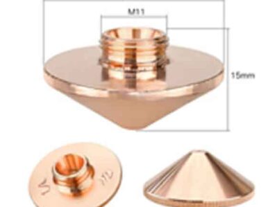 דיזה לייזר 28 מ״מ Φ1.5 מ״מ סוג A (בודדת): קונית, צבע נחושת, חור הברגה מרכזי M11, מידות—28 מ"מ רוחב, 15 מ"מ גובה. מוצגת משלוש זוויות—עליון, תחתון וצידי להמחשת פרטים.