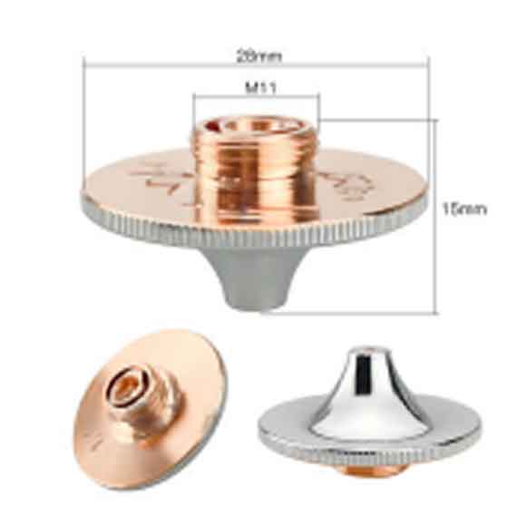 Three metallic adapter pieces, two in copper and one in silver, with threaded centers, circular bases, and conical lower sections. The largest has measurements of 28mm wide and 16mm tall, with an M11 thread label.