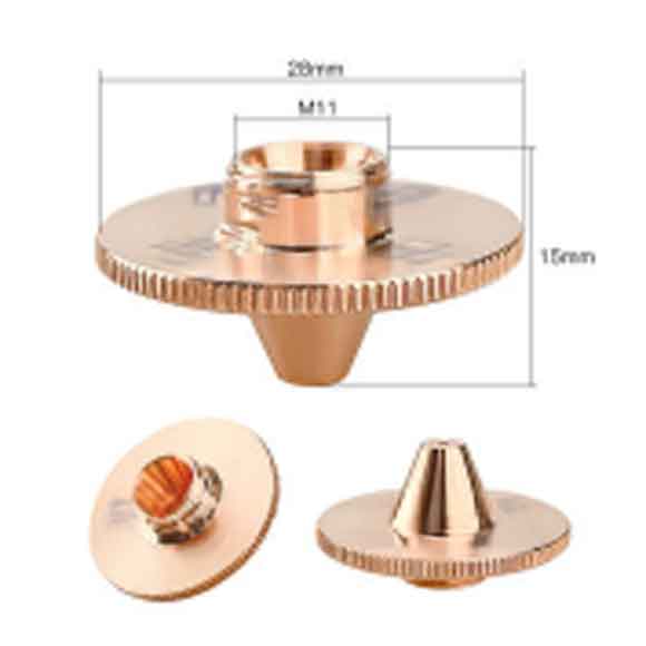 The דיזה לייזר 28 מ״מ Φ1.5 מ״מ סוג E (בודדת) is shown from three angles, featuring grooved edges. A diagram lists dimensions: 28mm diameter, Φ1.5mm orifice, type E design.