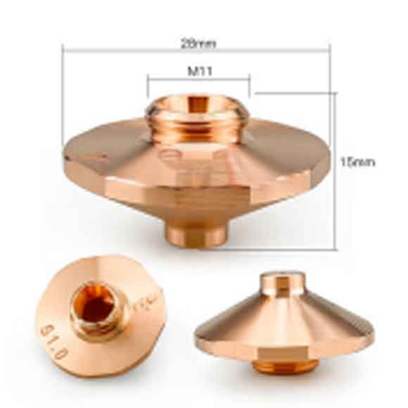 The דיזה לייזר 28 מ״מ Φ1.6 מ״מ סוג (6)F (בודדת) is a copper-colored metal nozzle with a wide, flat, circular shape, threaded M11 openings, and measures 28mm wide by 16mm high. Shown in top, side, and angled views.