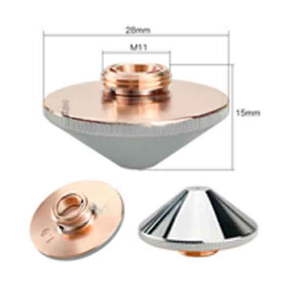 A metallic, cone-shaped nozzle with a threaded opening is shown from three angles. Dimensions are labeled: 26mm diameter and 15mm height. The nozzle has a shiny silver and copper finish. A metallic, cone-shaped nozzle with a threaded opening is shown from three angles. Dimensions are labeled: 26mm diameter and 15mm height. The nozzle has a shiny silver and copper finish.