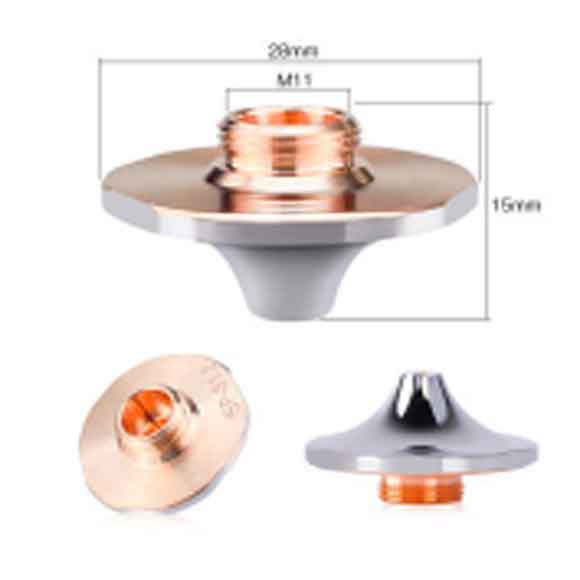 Three views of a small metallic nozzle with a copper center and silver rim; a diagram shows its dimensions: 28mm wide by 15mm high, with threading labeled M15. Three views of a small metallic nozzle with a copper center and silver rim; a diagram shows its dimensions: 28mm wide by 15mm high, with threading labeled M15.