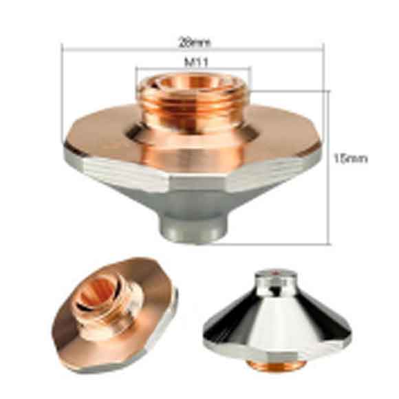 A metallic nozzle part with copper and silver colors is shown from three angles. Dimensions 28mm wide and 15mm tall are labeled, and an M11 thread size is indicated. A metallic nozzle part with copper and silver colors is shown from three angles. Dimensions 28mm wide and 15mm tall are labeled, and an M11 thread size is indicated.