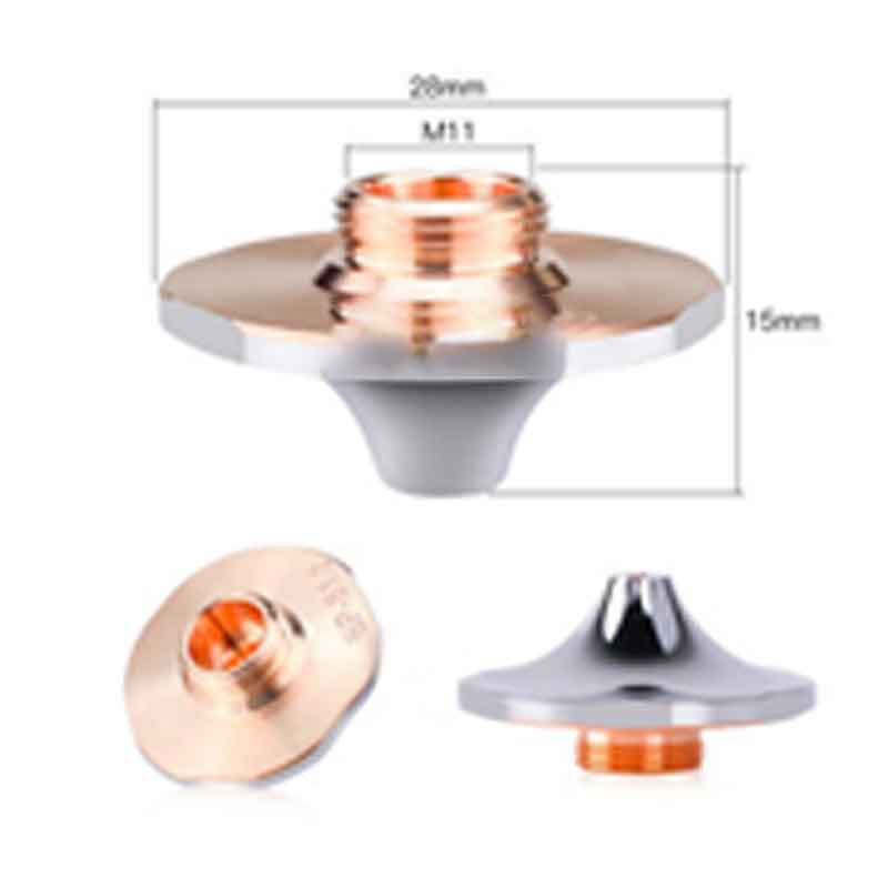 Three views of a metallic nozzle with a copper-threaded center, rounded edges, and reflective surface. Dimensions are shown: 28mm diameter, 15mm height, and M11 thread size. Three views of a metallic nozzle with a copper-threaded center, rounded edges, and reflective surface. Dimensions are shown: 28mm diameter, 15mm height, and M11 thread size.